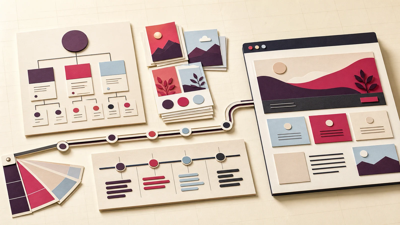 An organised website plan with a sitemap, visual assets, colour swatches, timeline, and finished page